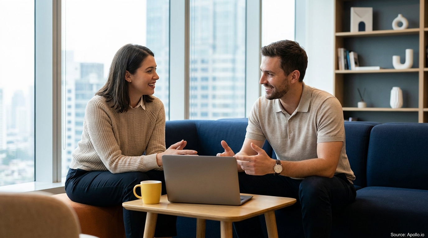Two smiling colleagues converse over a laptop on a coffee table in a modern office lounge.