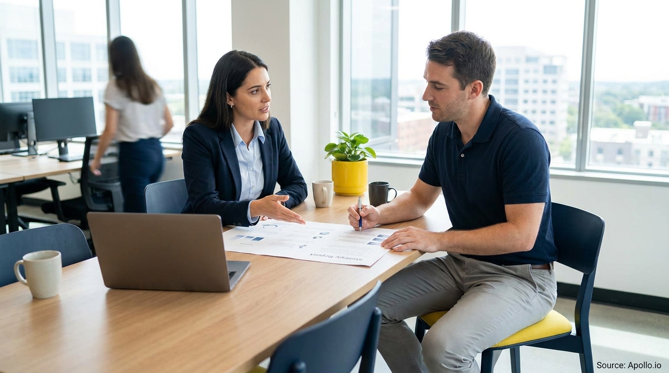 Two professionals discuss a strategy report at a modern office table.