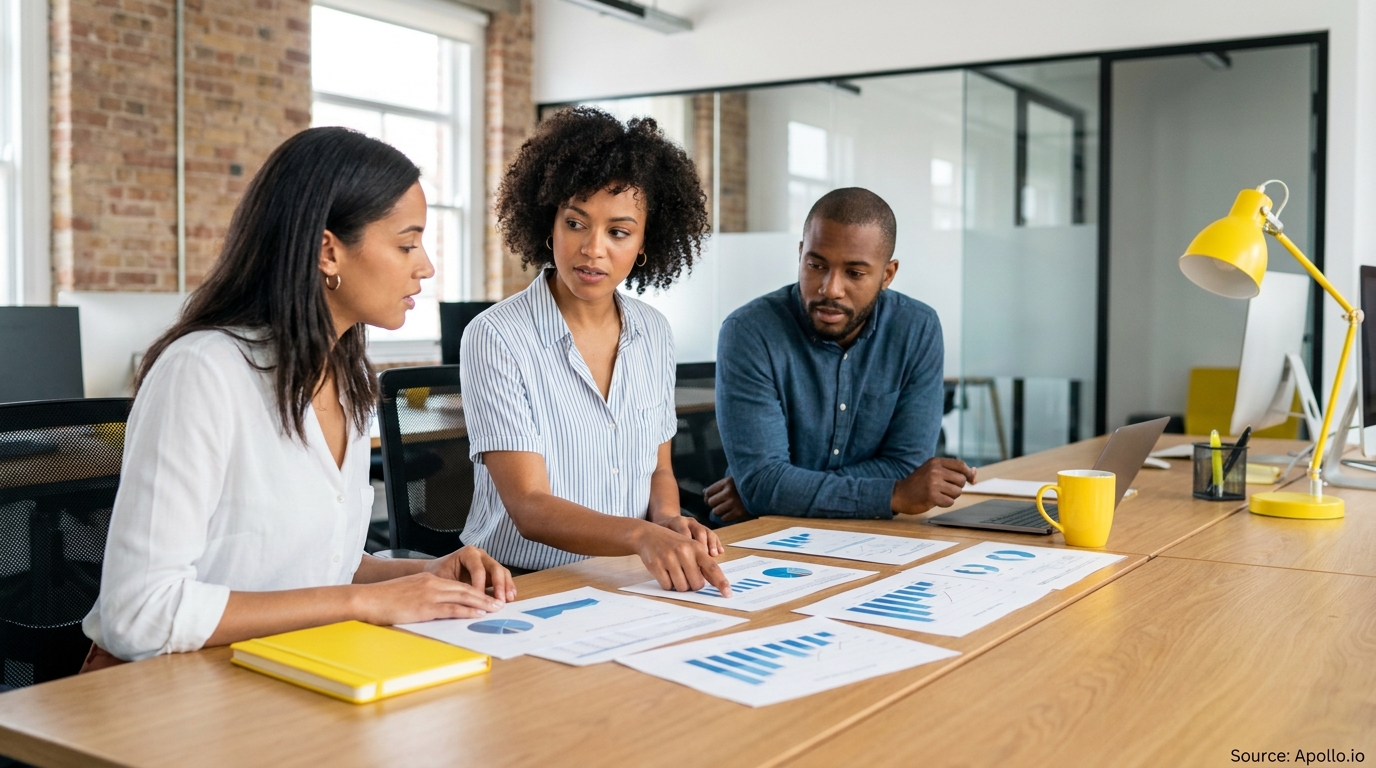 Three professionals discuss data charts spread on a modern office table.