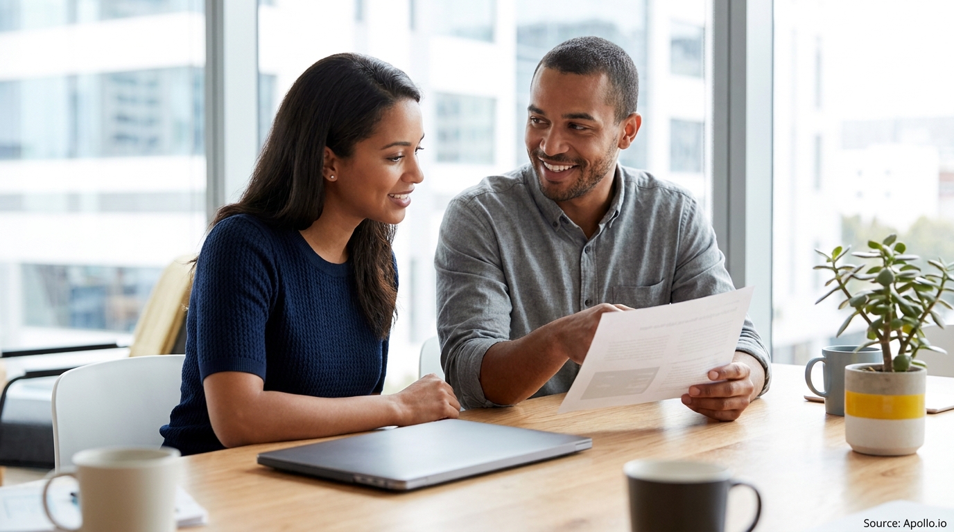 Two smiling professionals discuss a document at a bright office table.