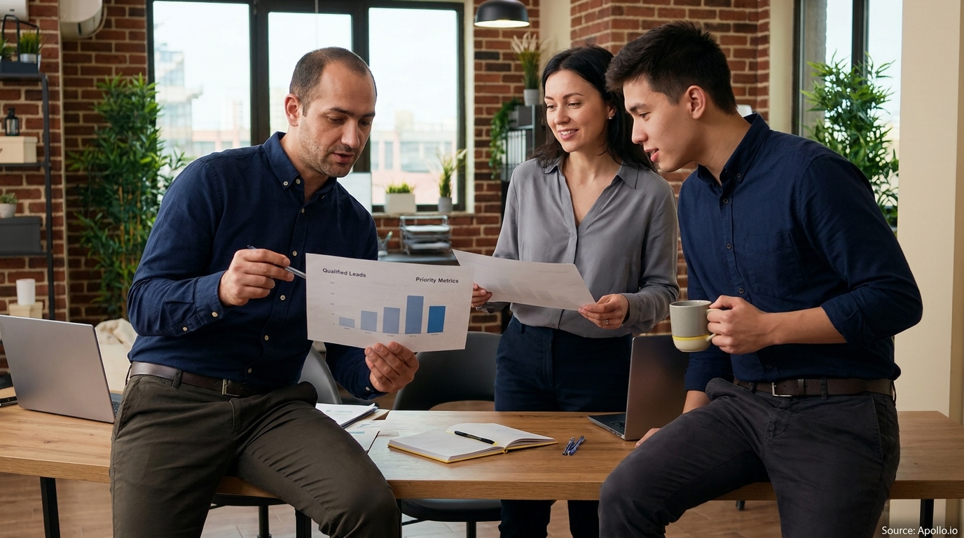 Three professionals discuss qualified leads and priority metrics at a modern office table.