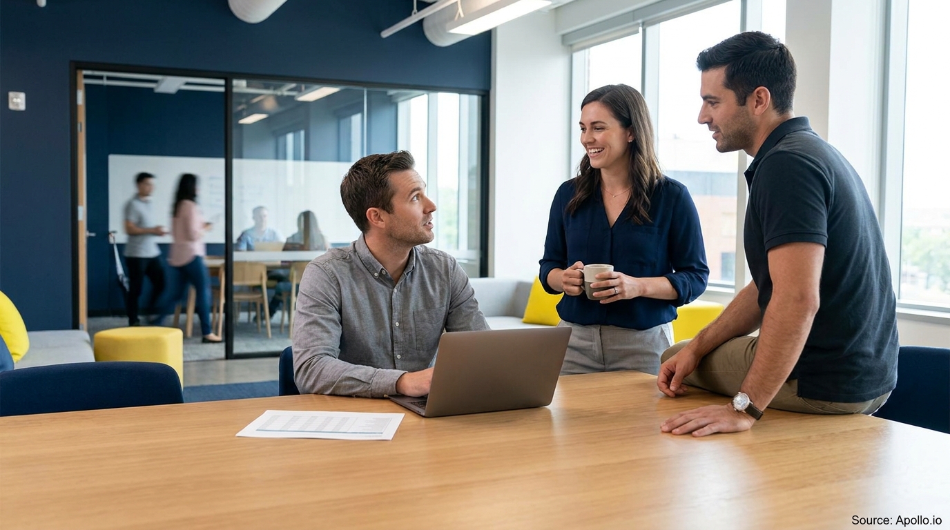 Three professionals collaborate around a laptop in a modern office setting.