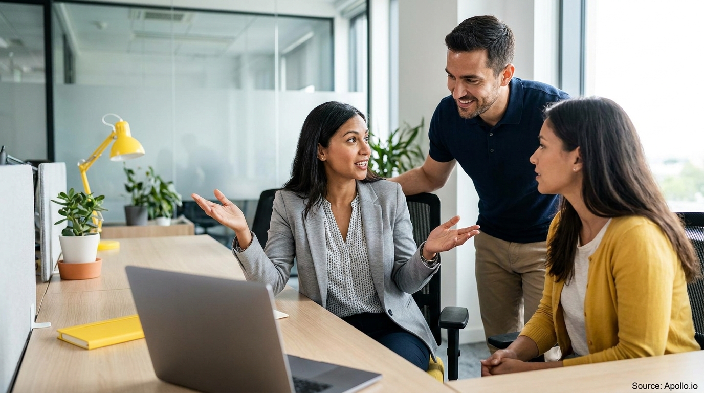 Three colleagues collaborating at a modern office desk, one woman explaining.