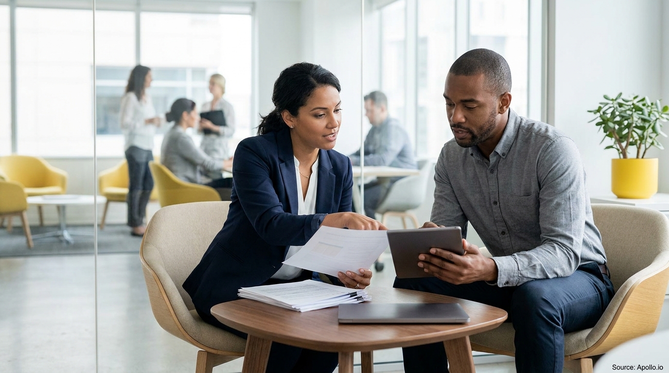 Two professionals review documents and a tablet together in a bright, modern office.