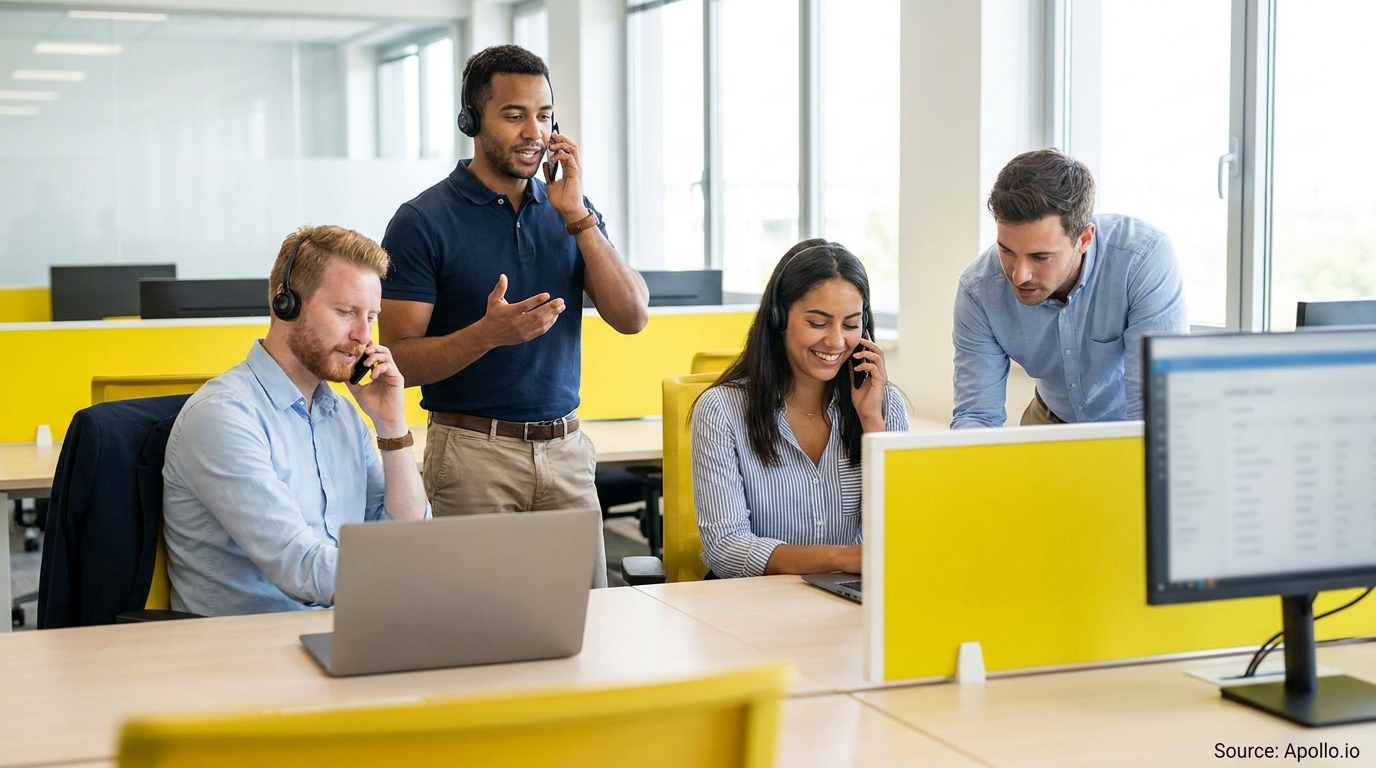 Four customer service professionals making calls and collaborating in a bright office.