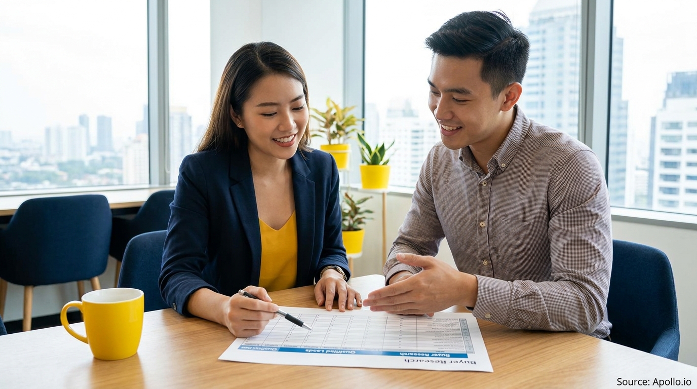 Two smiling professionals discuss a document at a modern office table with a city view.