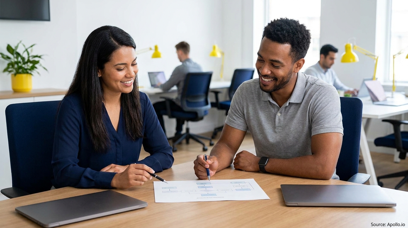 Two smiling colleagues discuss a flowchart document at a modern office desk with laptops.