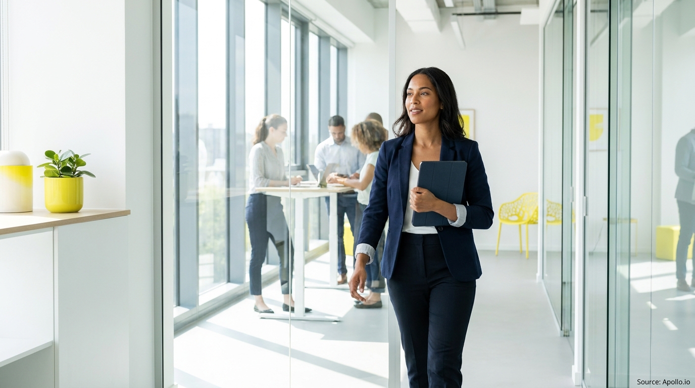 A businesswoman walks through a modern office while colleagues work behind glass walls.