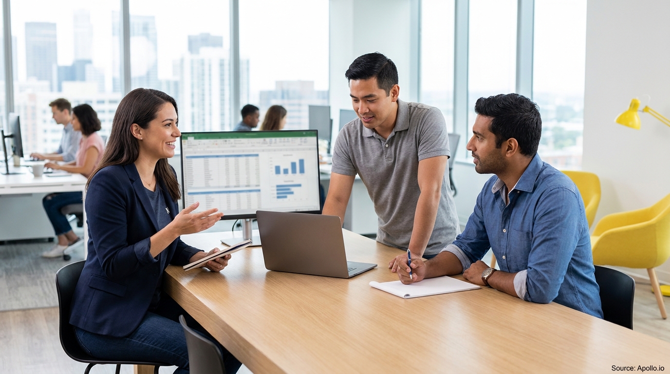 Three colleagues discuss data displayed on a monitor and laptop in a modern office.
