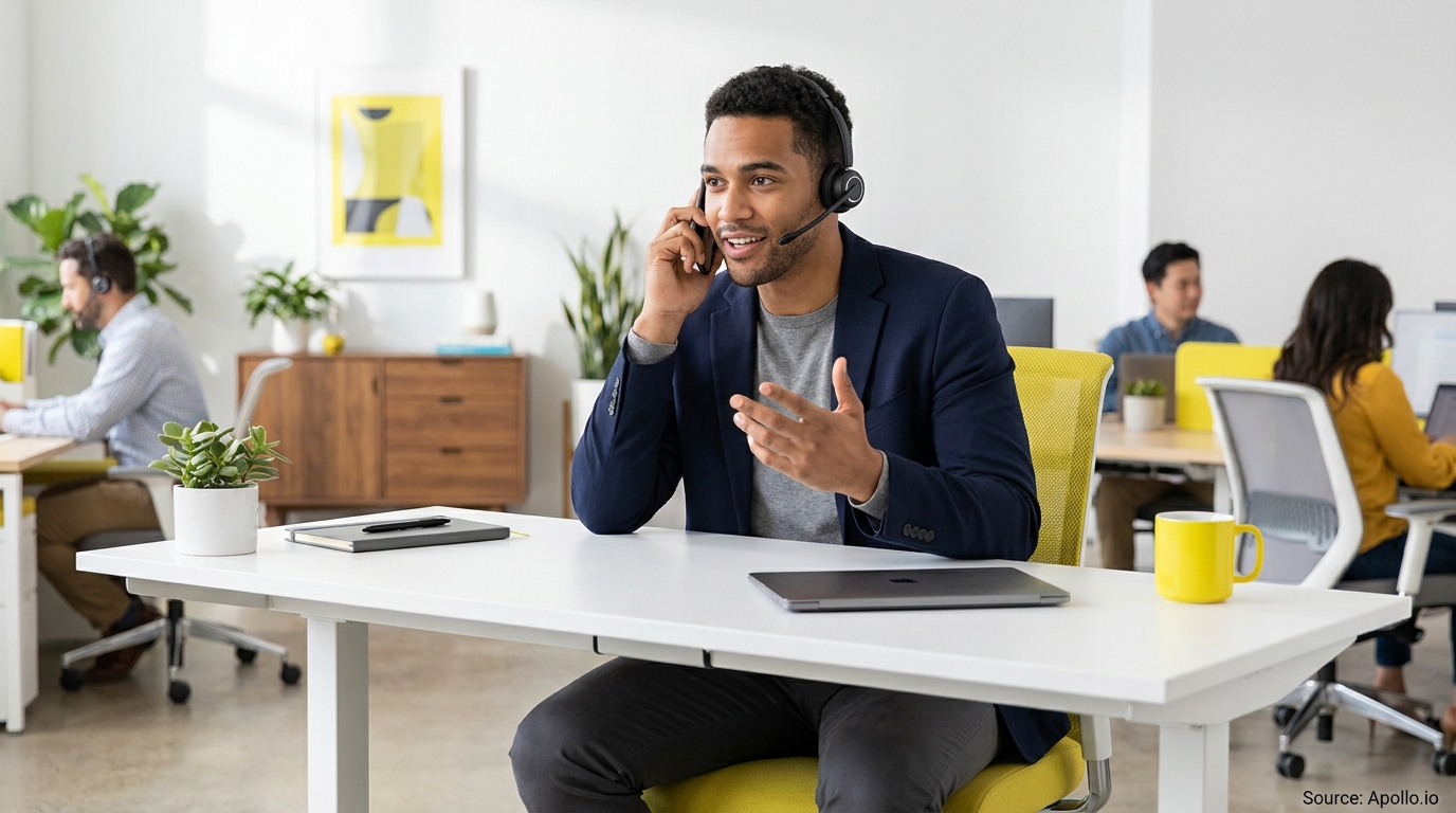 A man in a headset on a phone call gestures in a bright, modern office with colleagues working.