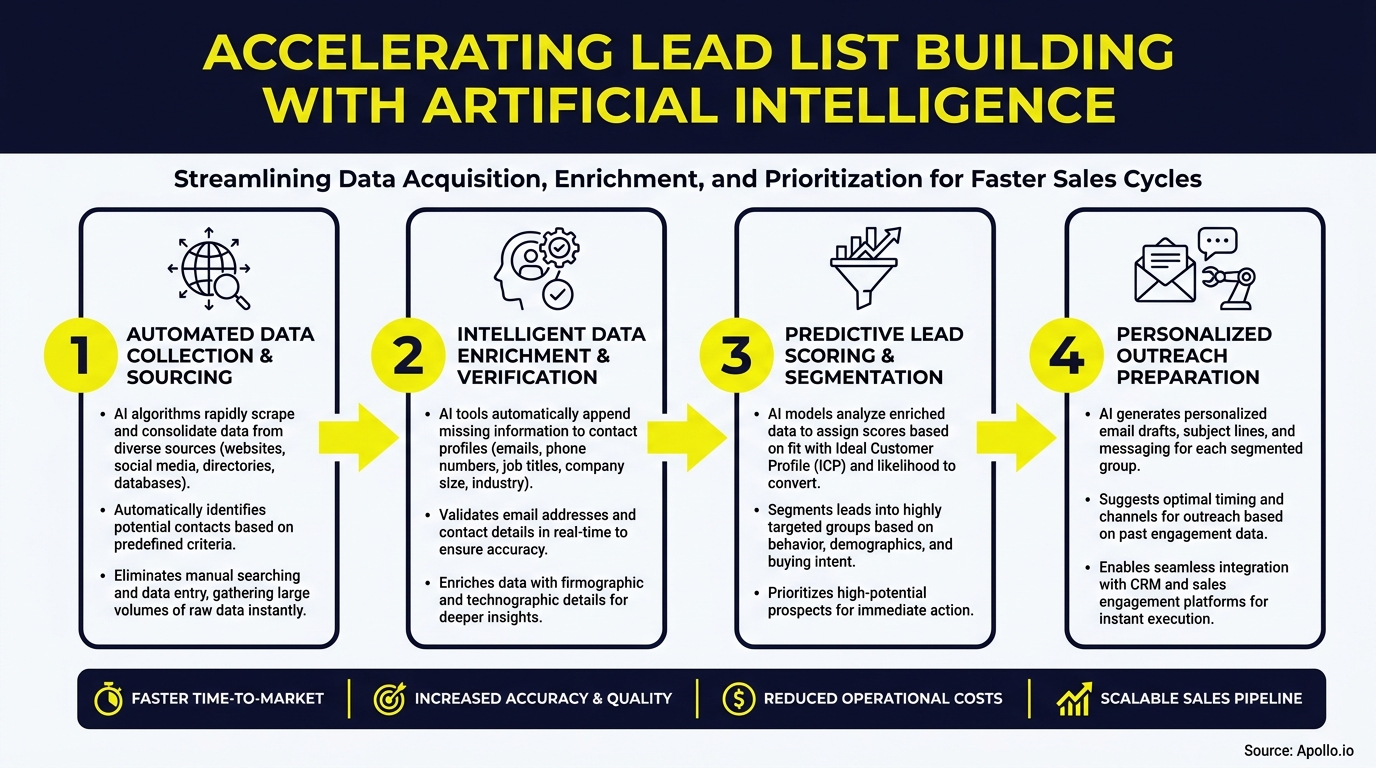 Infographic outlining a 4-step AI workflow for accelerating lead list generation.