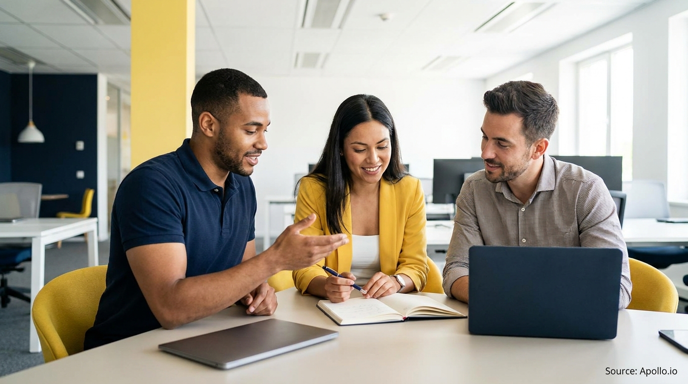 Three colleagues discuss work at a modern office table with laptops and a notebook.