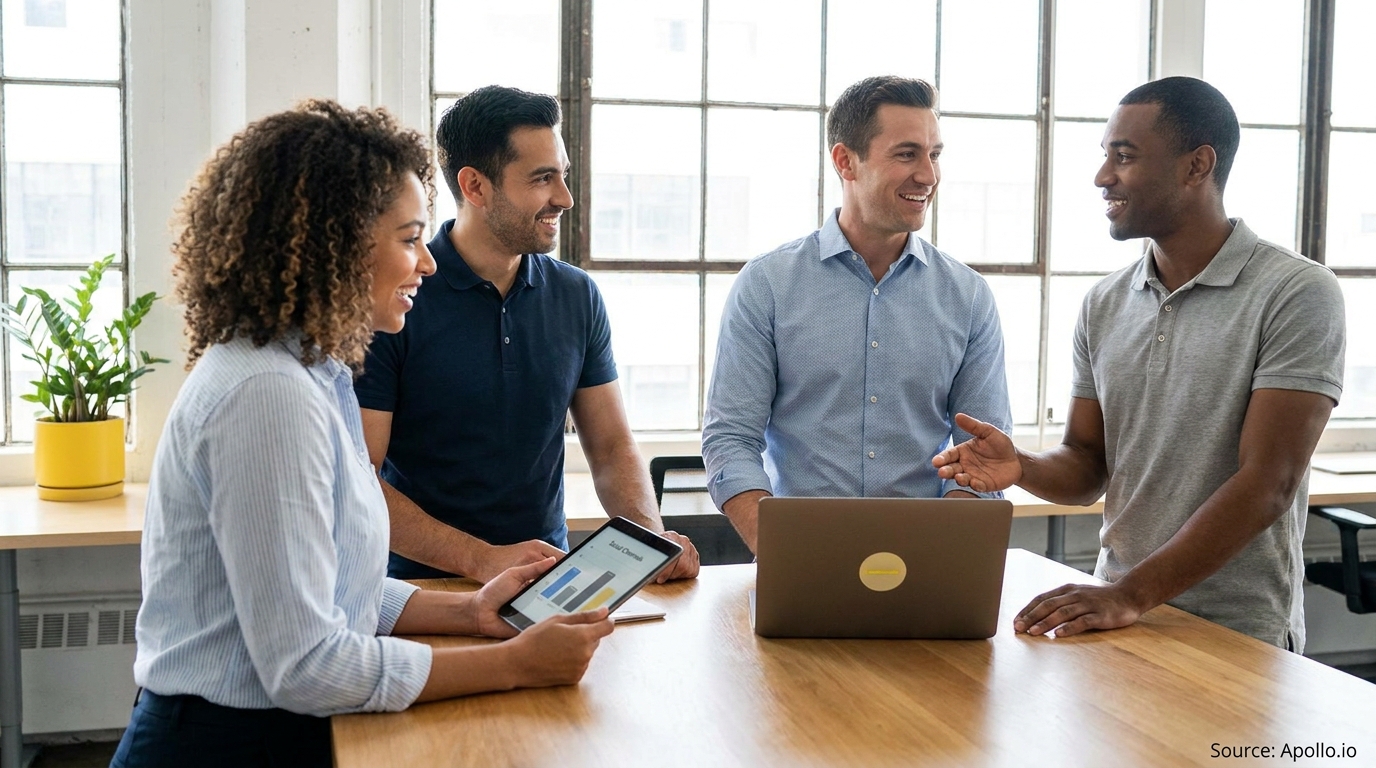 Four diverse professionals discuss data on a tablet and laptop at an office table.