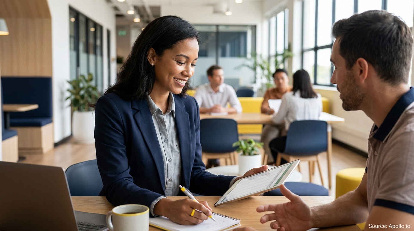 Two professionals collaborate at a desk, reviewing a tablet and taking notes in a modern office.
