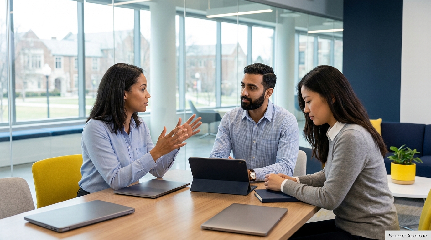 Three professionals meet at a modern office table, two discussing, one working on a tablet.