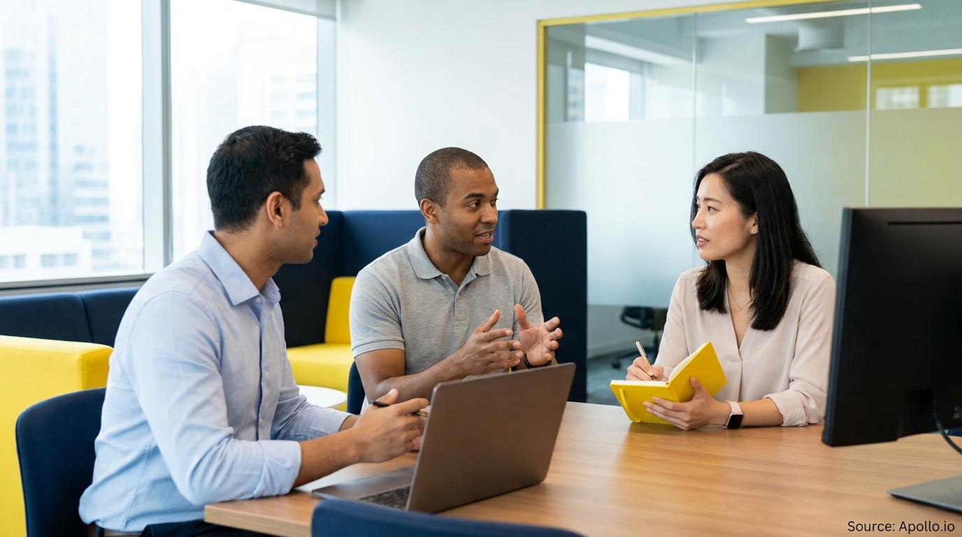 Three professionals meet at a table in a modern office, discussing and taking notes.