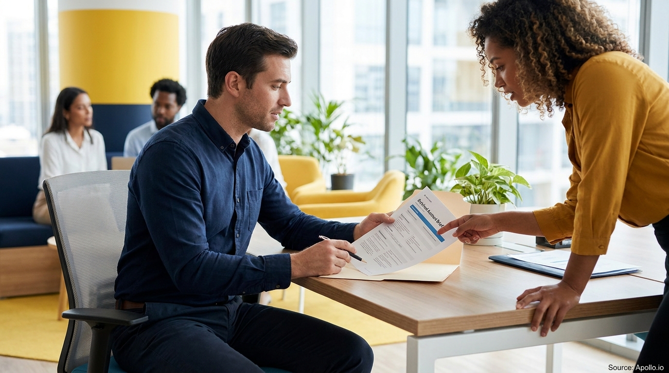 Four professionals work in a bright, modern office, with two discussing a document at a desk.