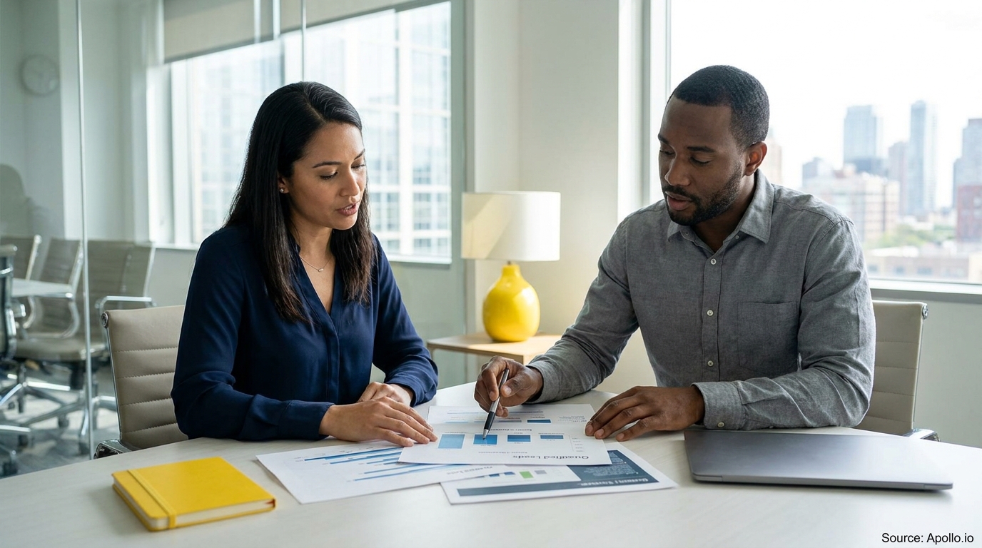 Two professionals analyze data charts together at a modern office table.