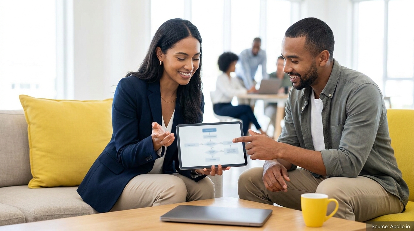 Two smiling colleagues discuss a workflow diagram on a tablet in a modern office.