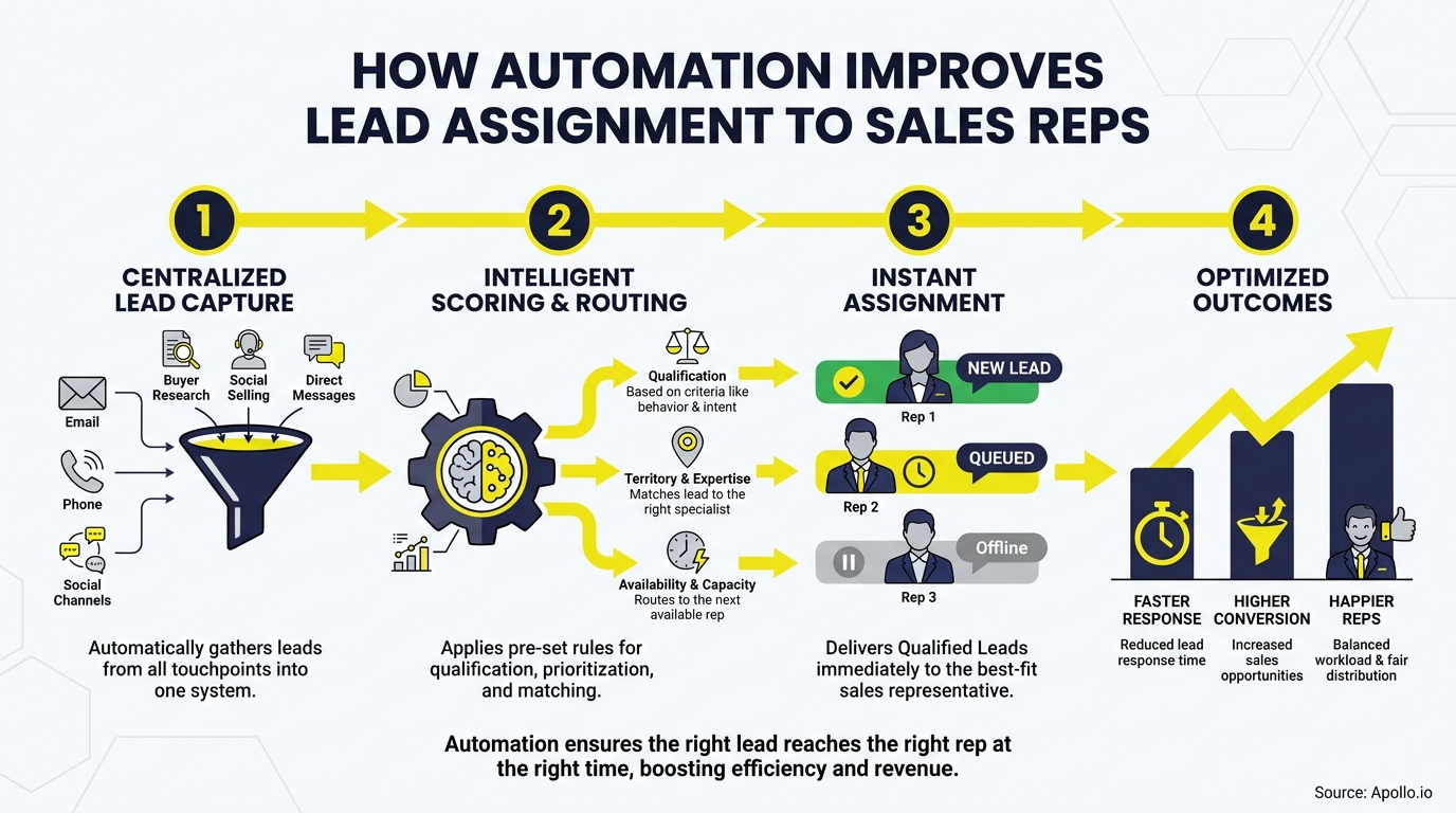 A diagram illustrates a 4-step automated process for assigning leads to sales representatives, showing improved outcomes.
