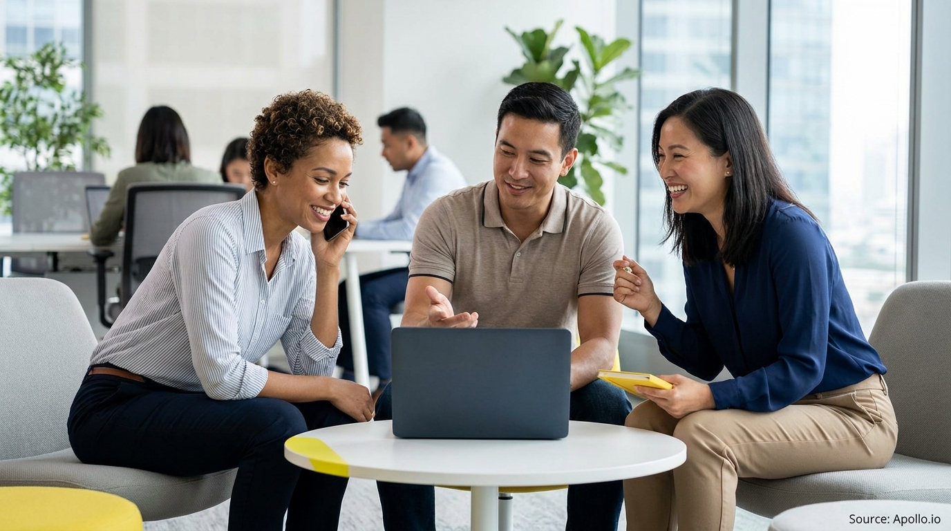 Three professionals smile while collaborating with a laptop and phone in a modern office.