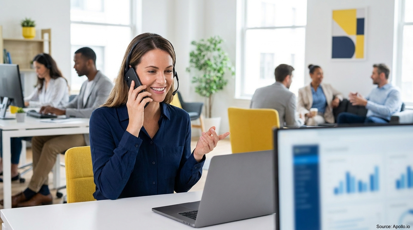 Smiling woman with a headset on a call and laptop in a busy open-plan office.
