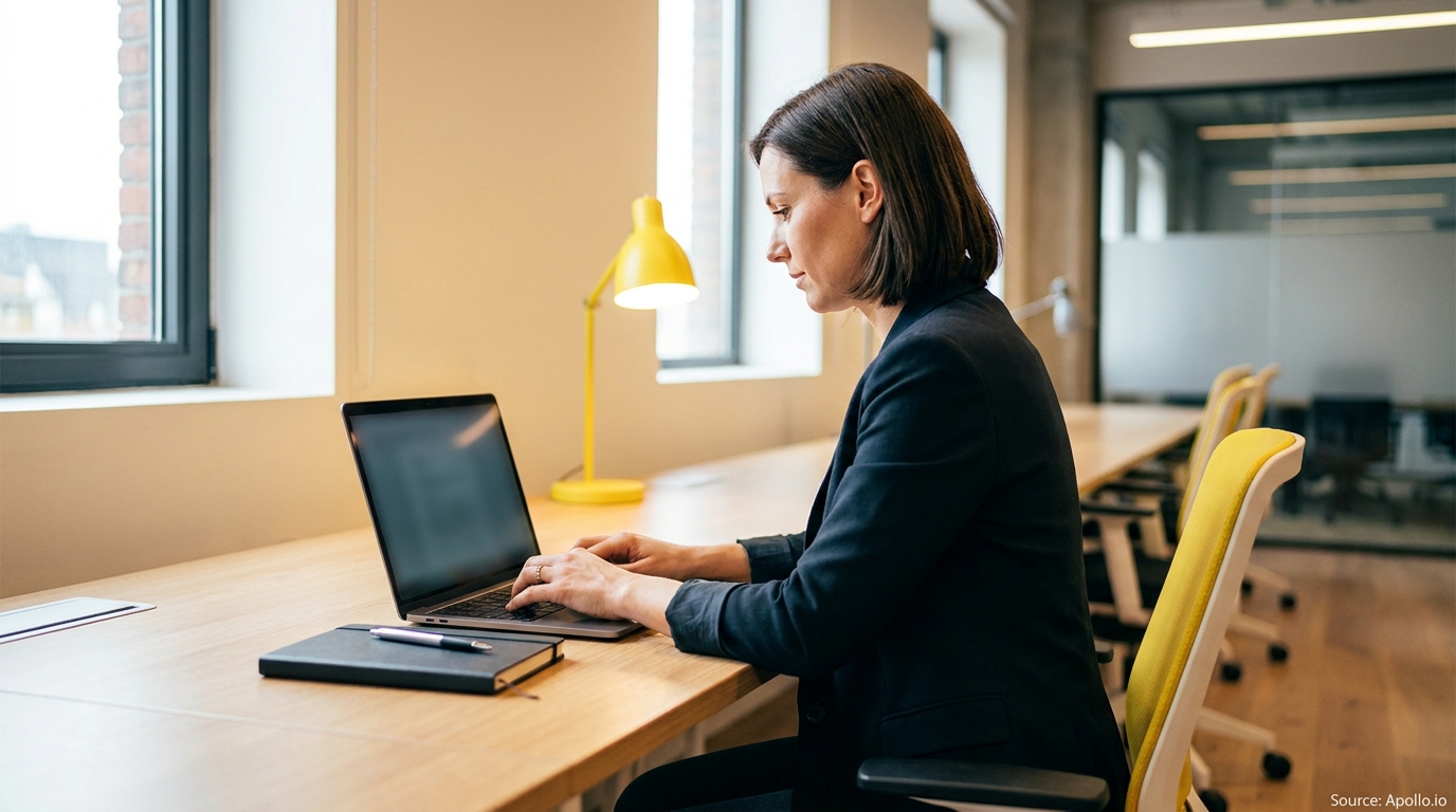 A professional woman types on a laptop at an office desk with a yellow lamp.