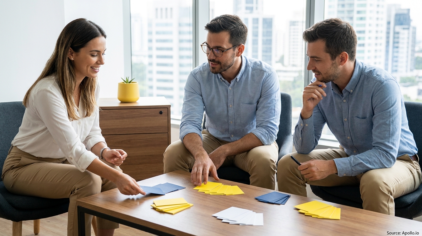 Three colleagues collaborate using colored cards at a bright office table.