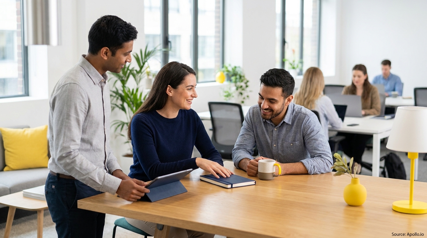 Three smiling professionals collaborate at a modern office table, with others working in the background.