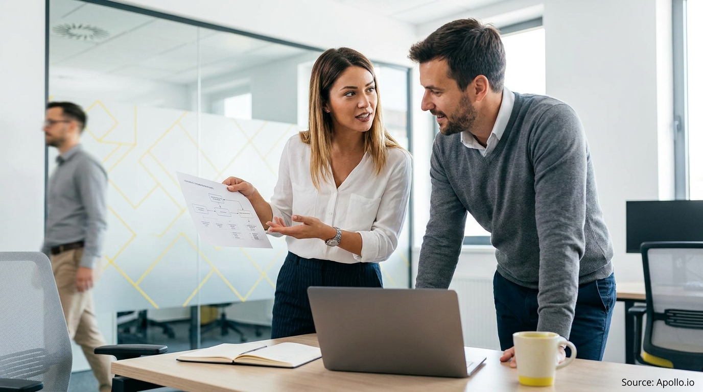 Two professionals discuss a document at a desk with a laptop in a bright, modern office.