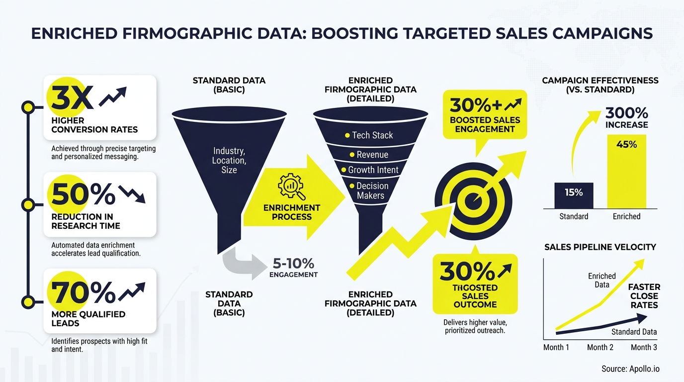 Infographic compares standard and enriched firmographic data benefits for targeted sales campaigns using funnels and graphs.