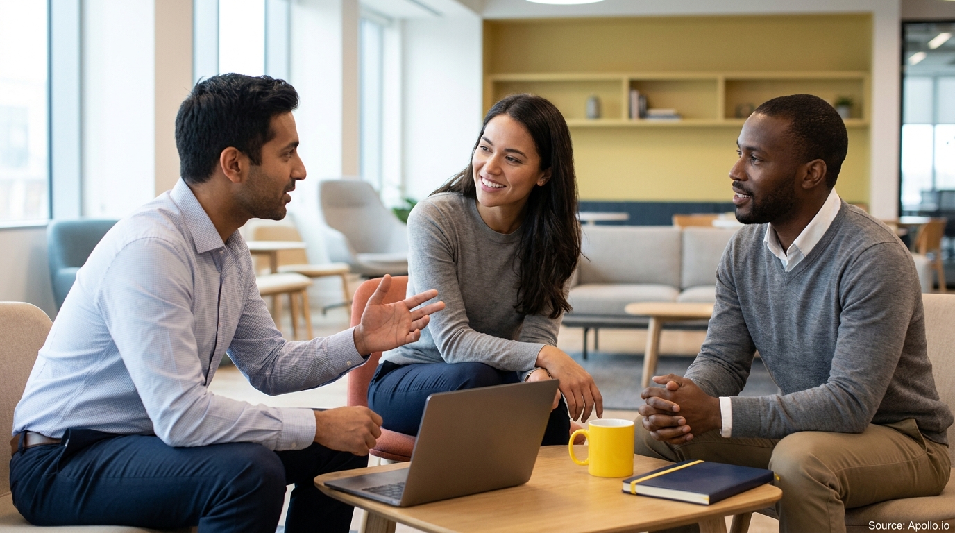 Three professionals discussing at a table with a laptop in a modern office.