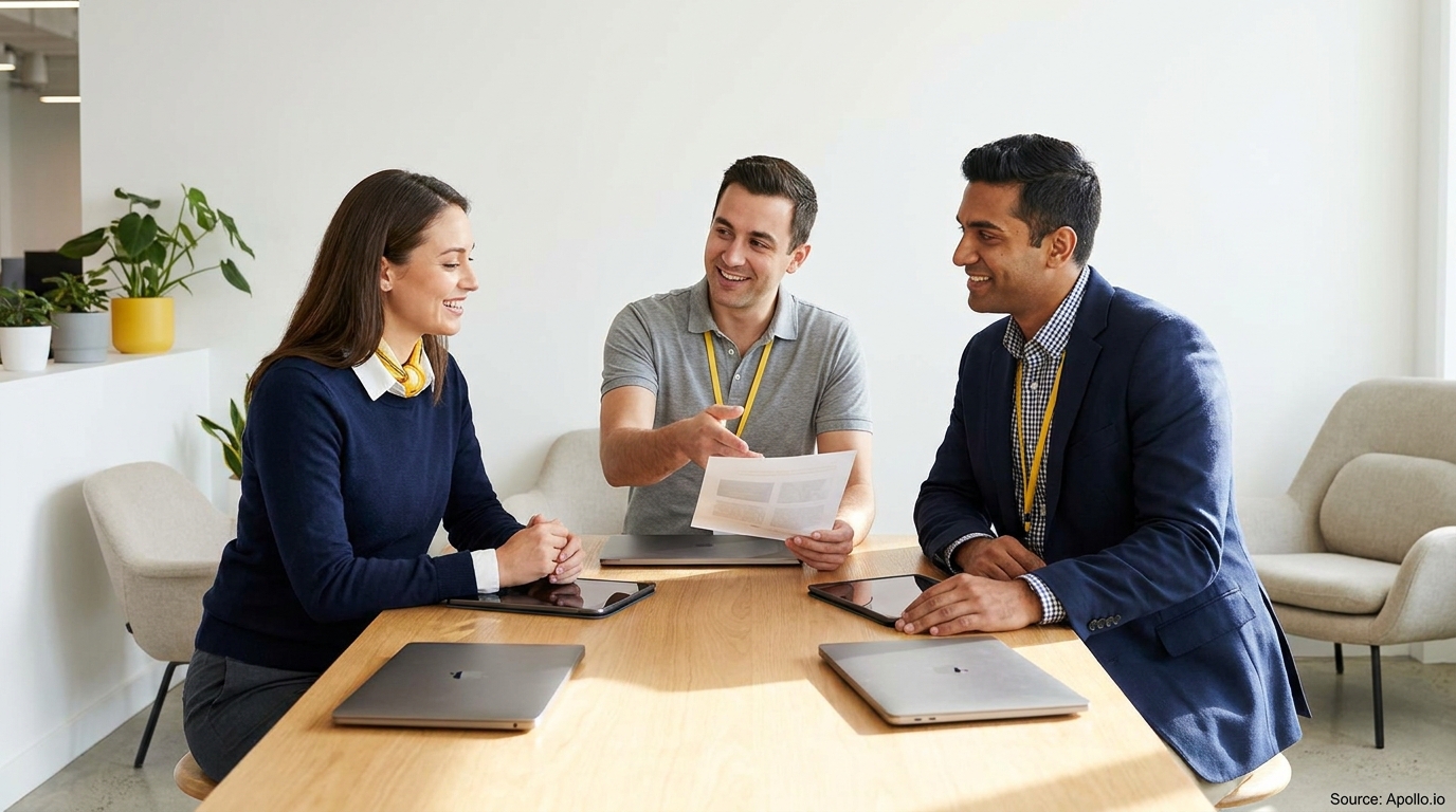 Three smiling professionals discuss a document at a modern office table with laptops.