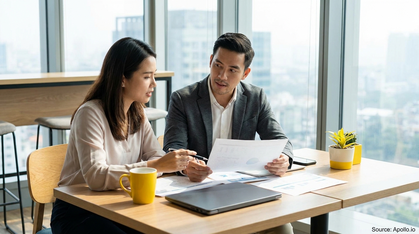 Two business professionals discuss documents at a modern office table overlooking a city.