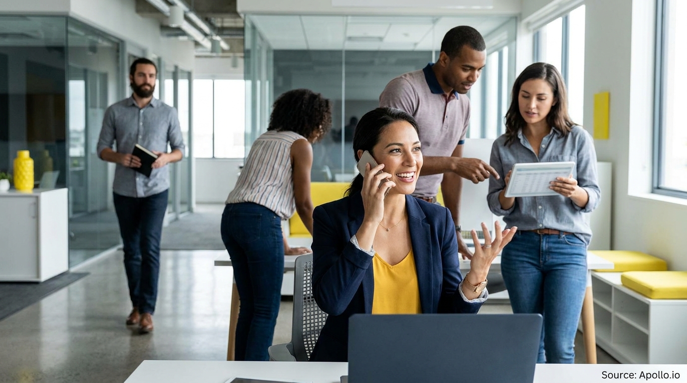 Five professionals work in a modern office, with one on the phone and two discussing a tablet.