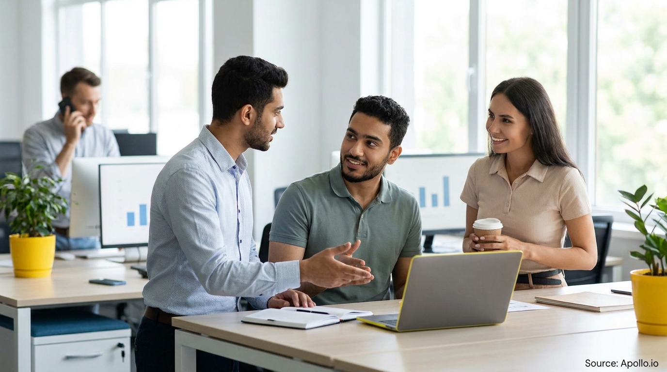 Three colleagues discuss at an office desk while a fourth talks on the phone.