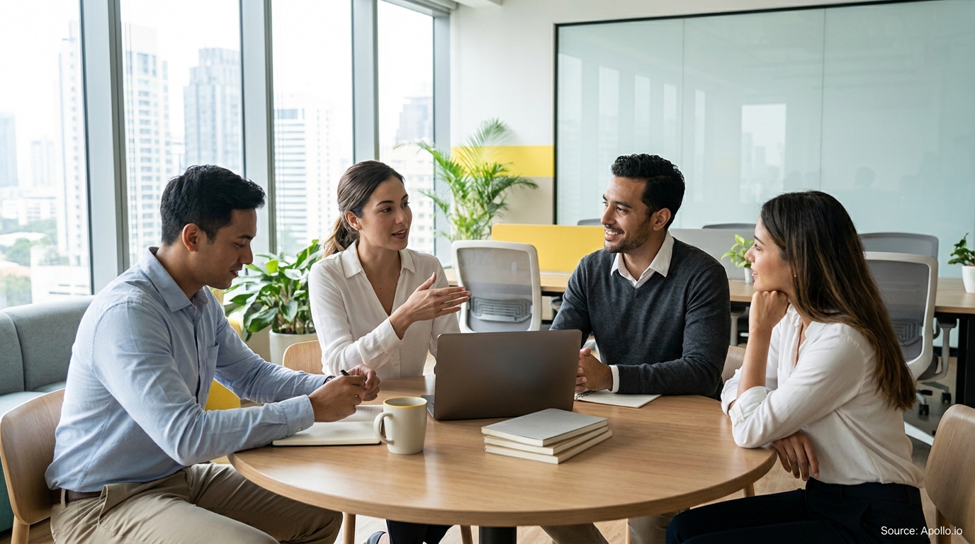 Four professionals discuss around a wooden table with a laptop in a bright office with city views.