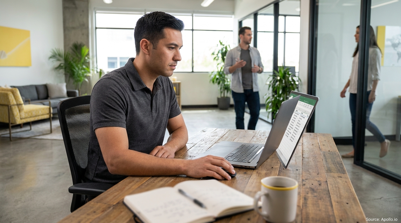 Three people in a modern office: one man uses a laptop, another man stands, and a woman walks.