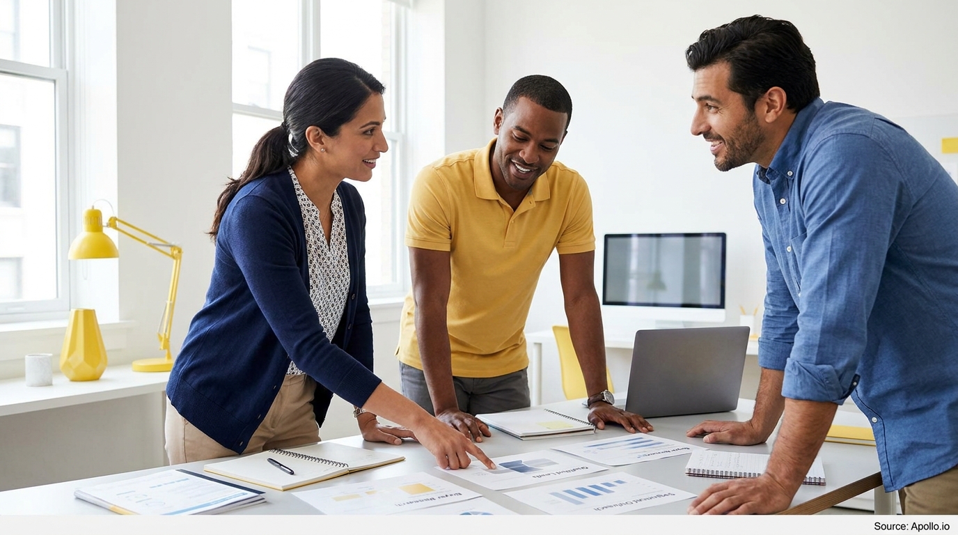 Three colleagues review graphs and data at a meeting table.