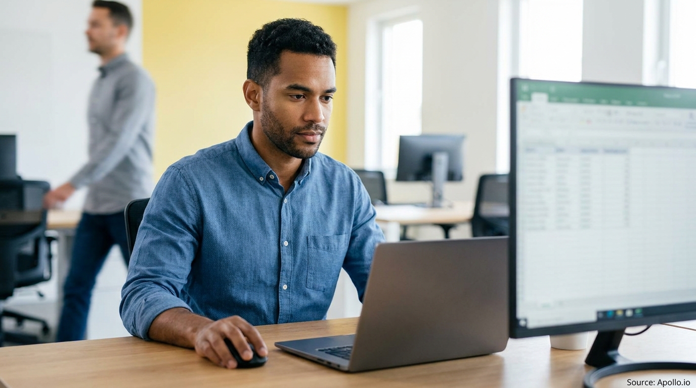 A man works on a laptop and monitor at an office desk, with another man walking in the background.