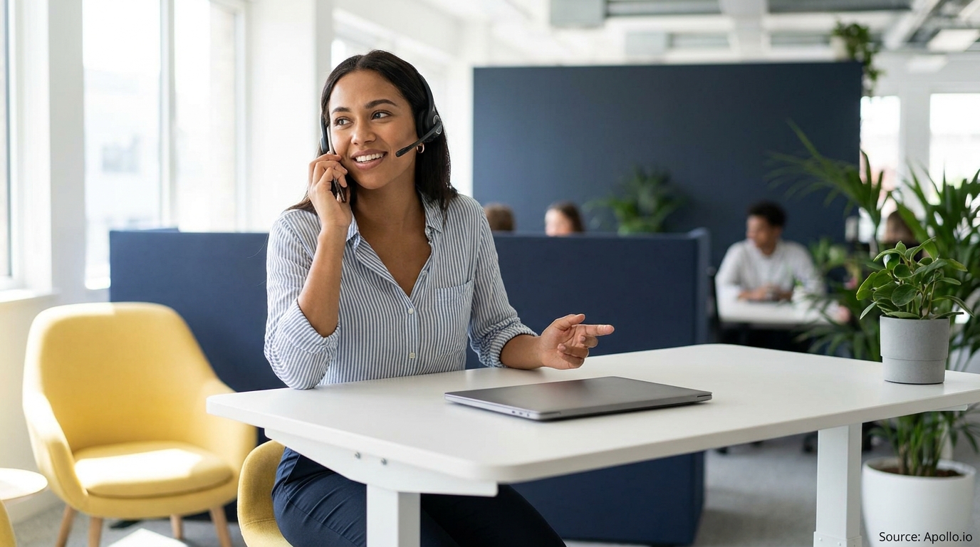 A smiling woman wearing a headset talks on a phone at a modern office desk.