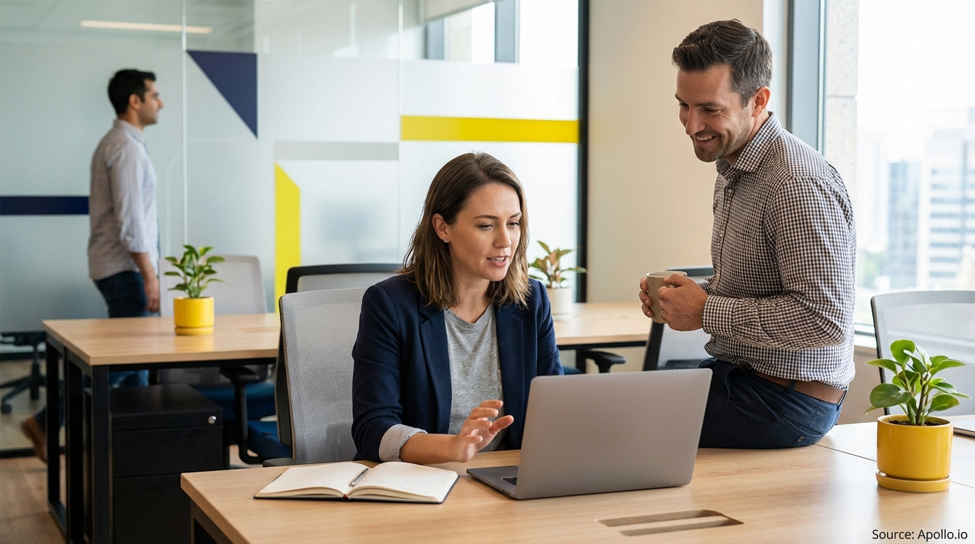 Two professionals collaborating on a laptop in a modern office, a third person walks by.