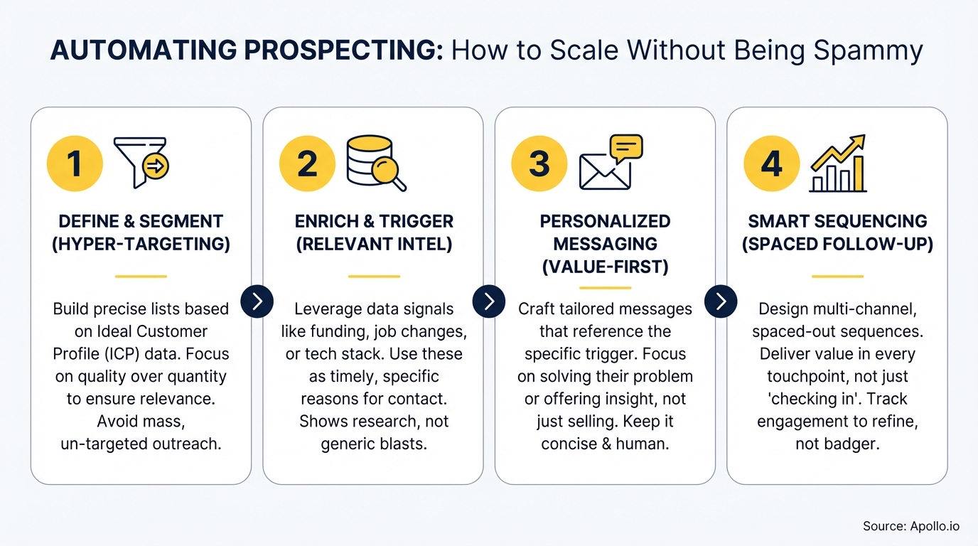 Four-step infographic detailing a process for automated, non-spammy prospecting.