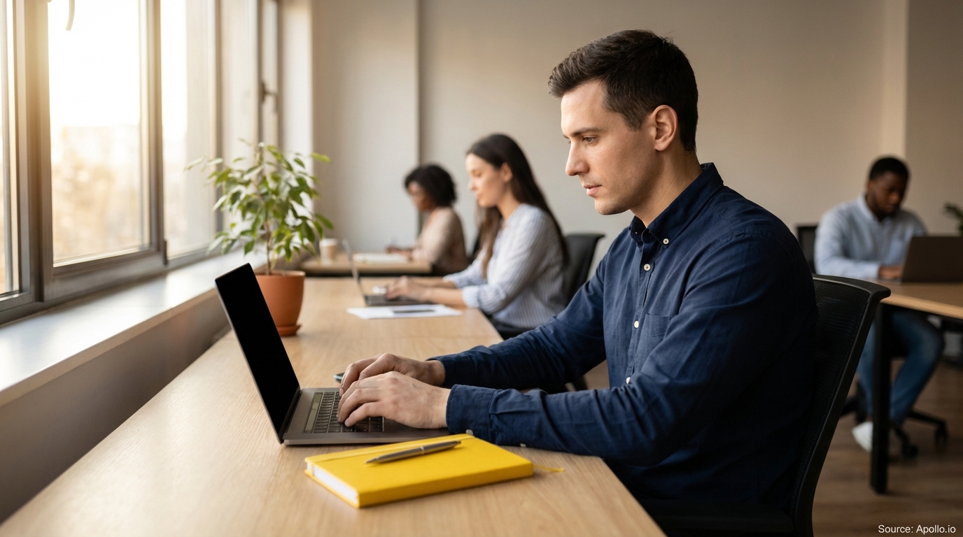 A man types on a laptop next to a yellow notebook in a bright office with colleagues.