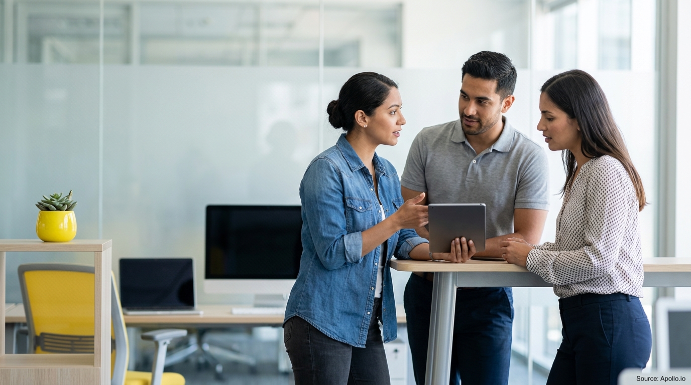 Three diverse professionals discuss content on a tablet at a modern office table.