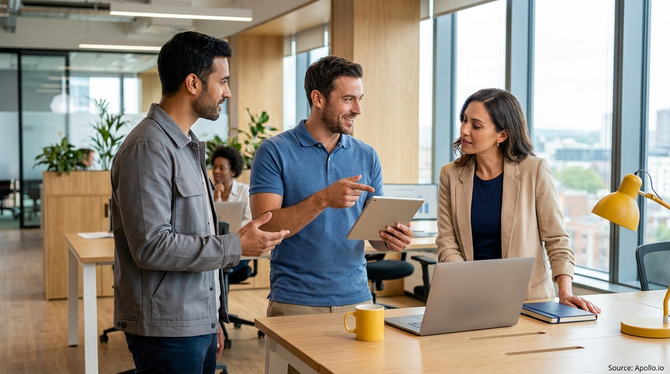 Three business colleagues discuss information on a tablet in a modern office.