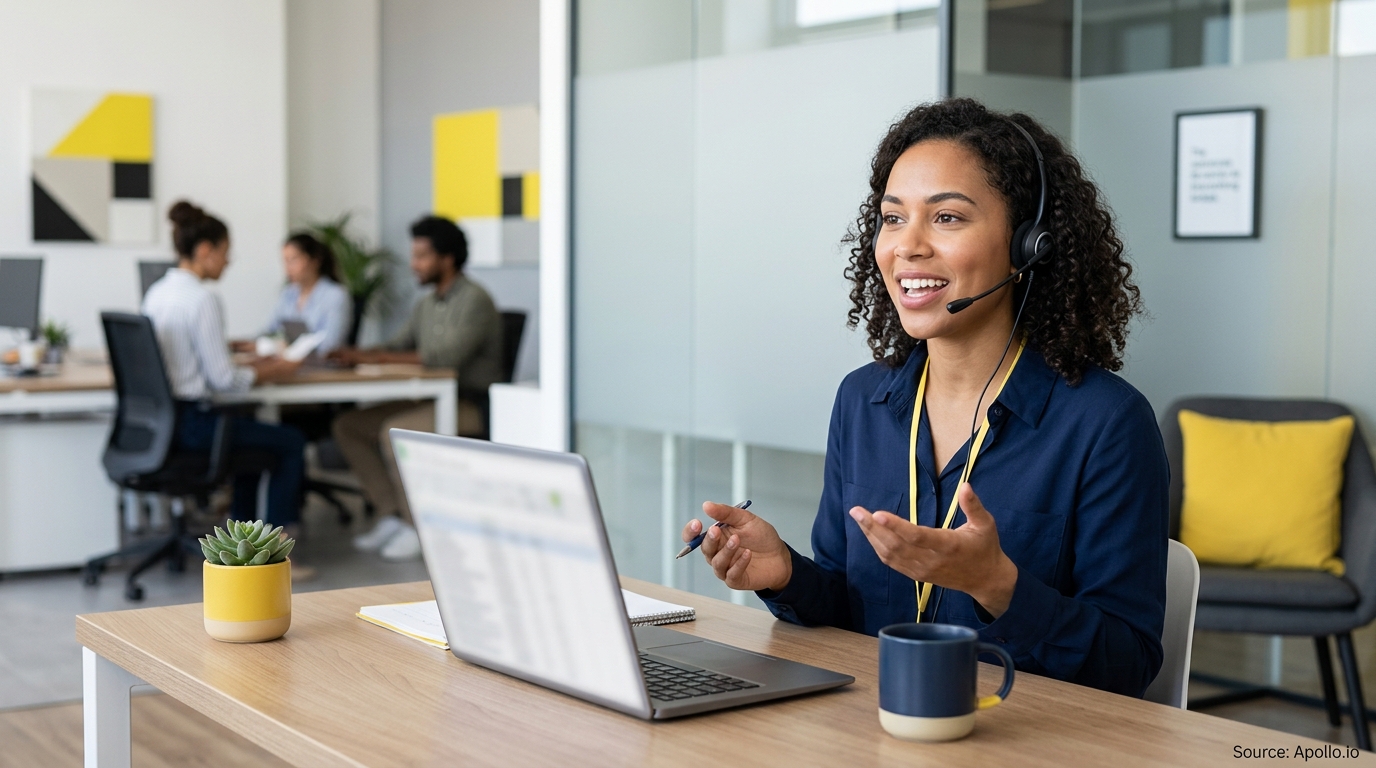 A woman wearing a headset gestures at her laptop while three colleagues work in a modern open office.