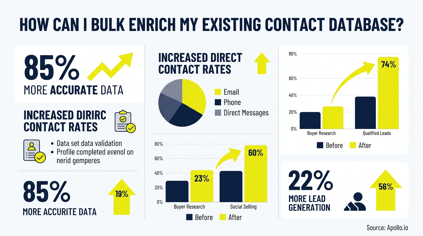 Infographic with bar charts and upward arrows showing statistics for data accuracy, contact rates, and lead generation.