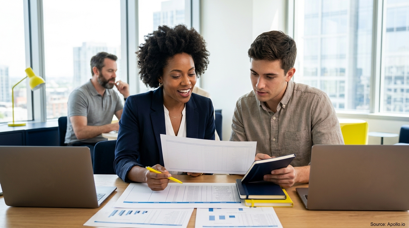 Three professionals review data spreadsheets and laptops at a wooden desk in a bright, modern office setting.