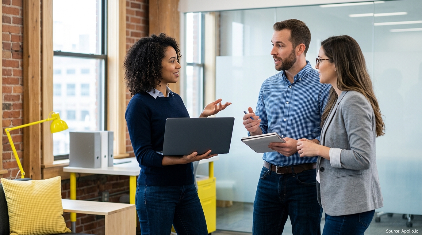 Three professionals stand in a modern office, discussing business while holding a laptop and notebook.